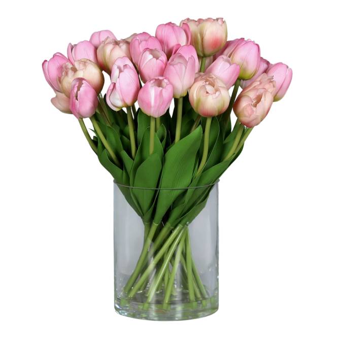 Aranjament premium cu 28 lalele artificiale roz in vas de sticla 36 cm