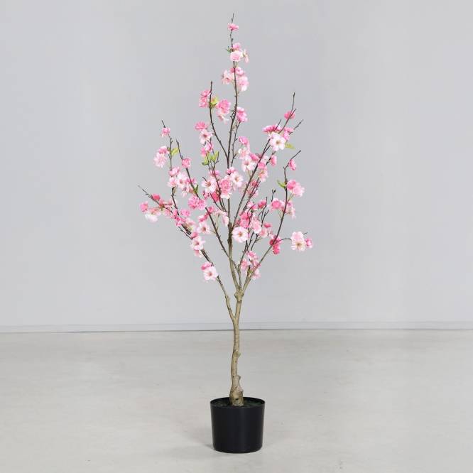 Arbust decorativ artificial cires cu flori roz in ghiveci, 125 cm