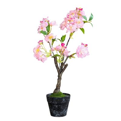 Cires artificial pitic cu flori roz, in ghiveci, 40 cm