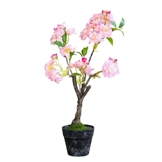 Cires artificial pitic cu flori roz, in ghiveci, 40 cm