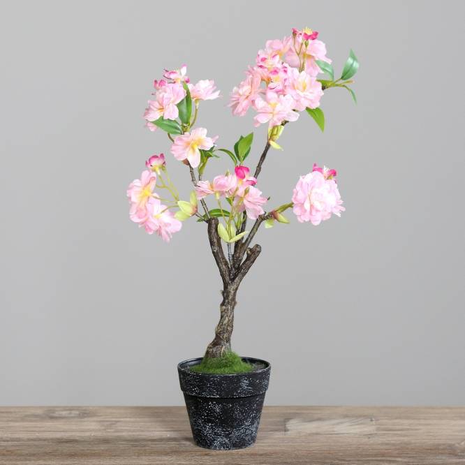 Cires artificial pitic cu flori roz, in ghiveci, 40 cm