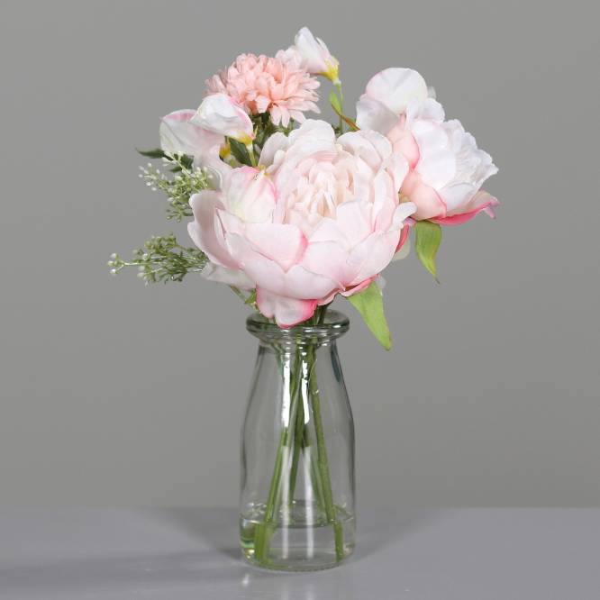 Aranjament cu flori artificiale roz in vas de sticla 32 cm