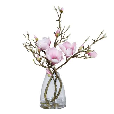 Aranjament premium cu magnolii artificiale roz in vas de sticla 50 cm