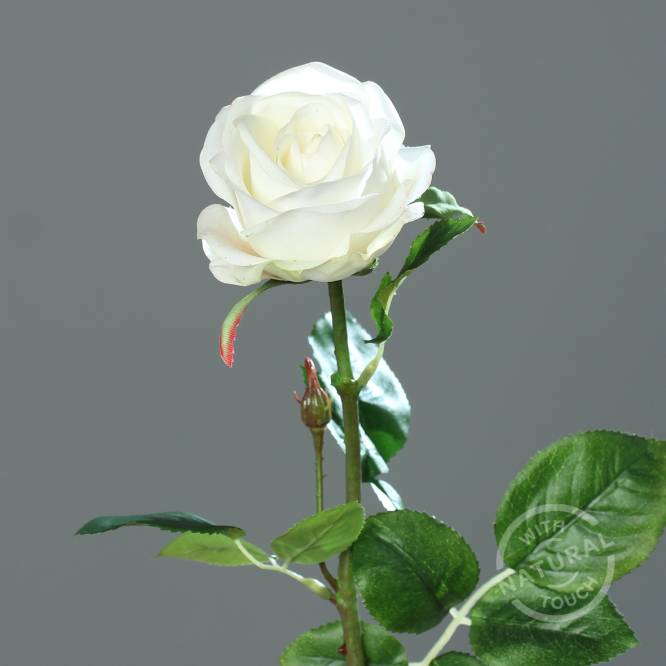 Trandafir artificial la fir, culoare alba, 66 cm