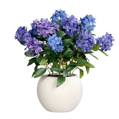Hortensii artificiale albastre si mov in tufa de 12 fire in vas de plastic, 60 cm