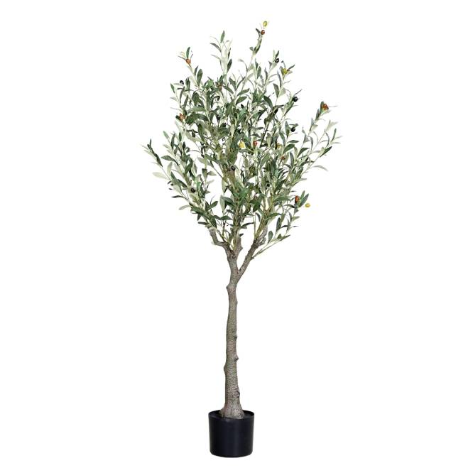 Arbust decorativ artificial maslin cu fructe in ghiveci de plastic negru, 150 cm