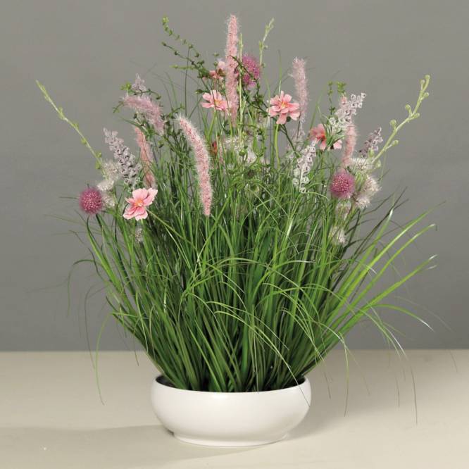 Aranjament flori de camp roz artificiale in vas de plastic, 50 cm