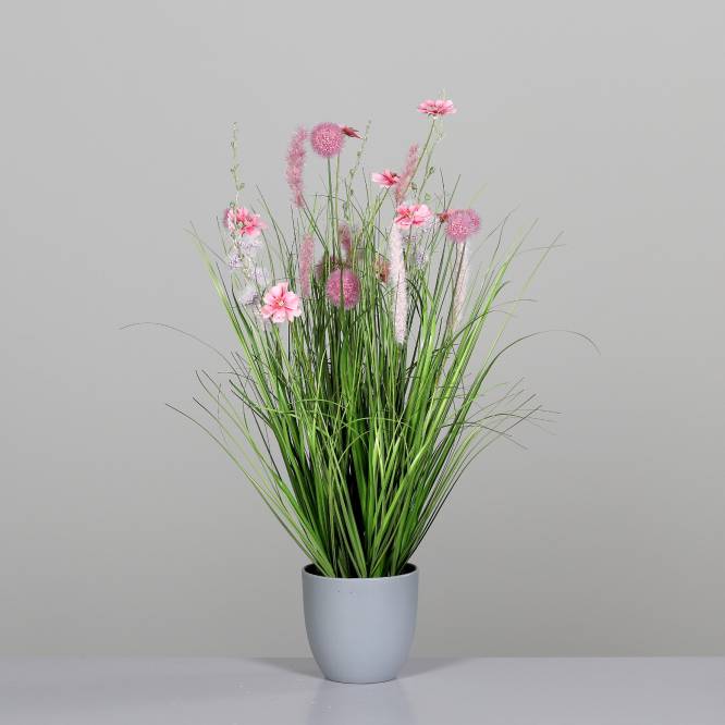 Aranjament flori de camp roz artificiale in vas de plastic, 70 cm