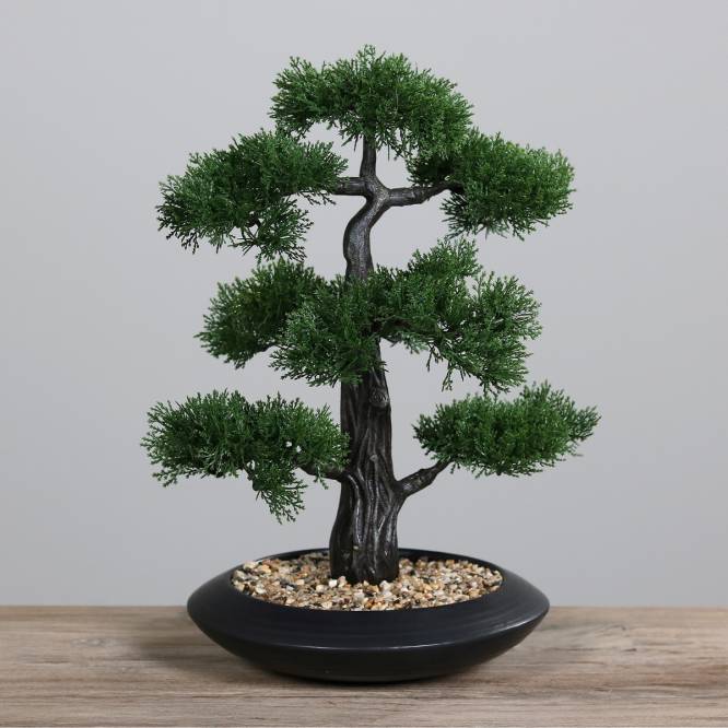 Bonsai artificial pin, in vas ceramic negru, 44 cm