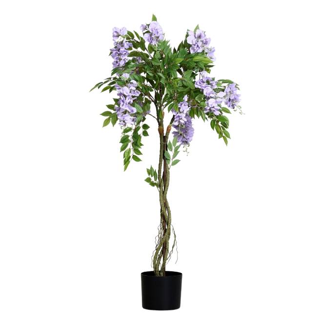 Planta decorativa artificiala glicina cu flori mov in ghiveci, 120 cm