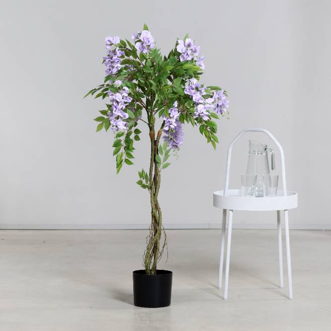 Planta decorativa artificiala glicina cu flori mov in ghiveci, 120 cm