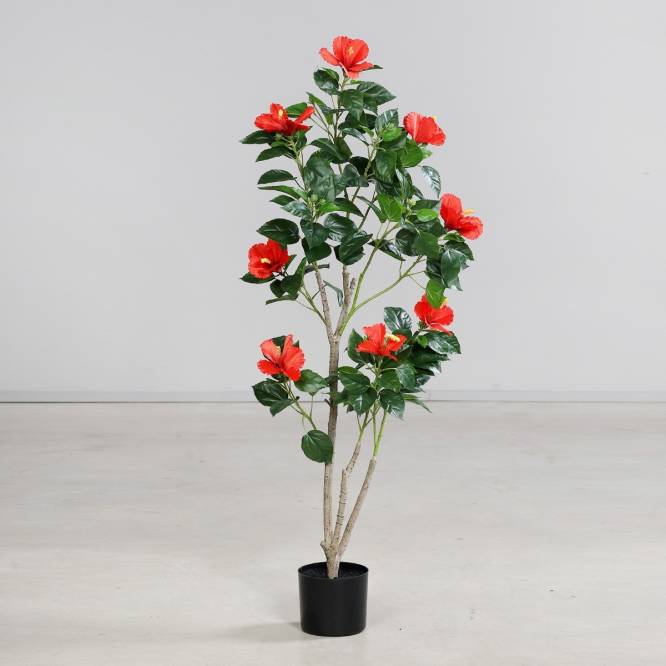 Planta decorativa trandafir japonez artificial rosu in ghiveci de plastic, 120 cm