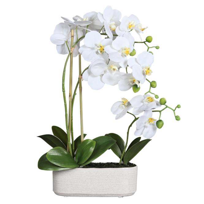 Orhidee artificiala alba aspect 100% natural ghiveci ceramic 48 cm
