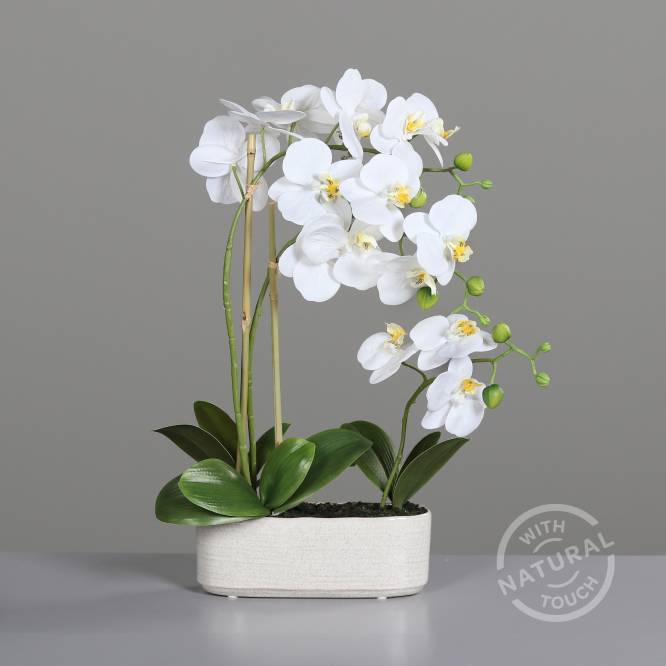 Orhidee artificiala alba aspect 100% natural ghiveci ceramic 48 cm