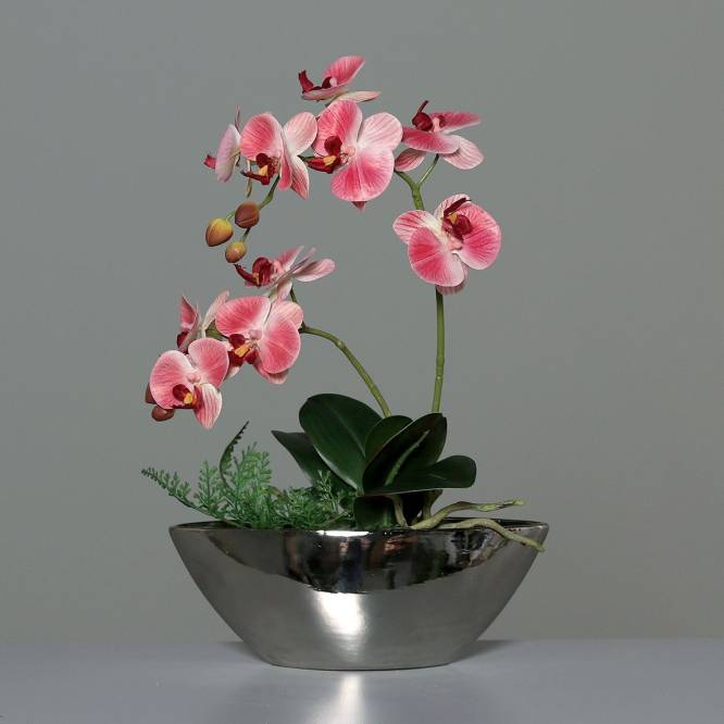 Orhidee artificiala roz in vas ceramic argintiu 40 cm