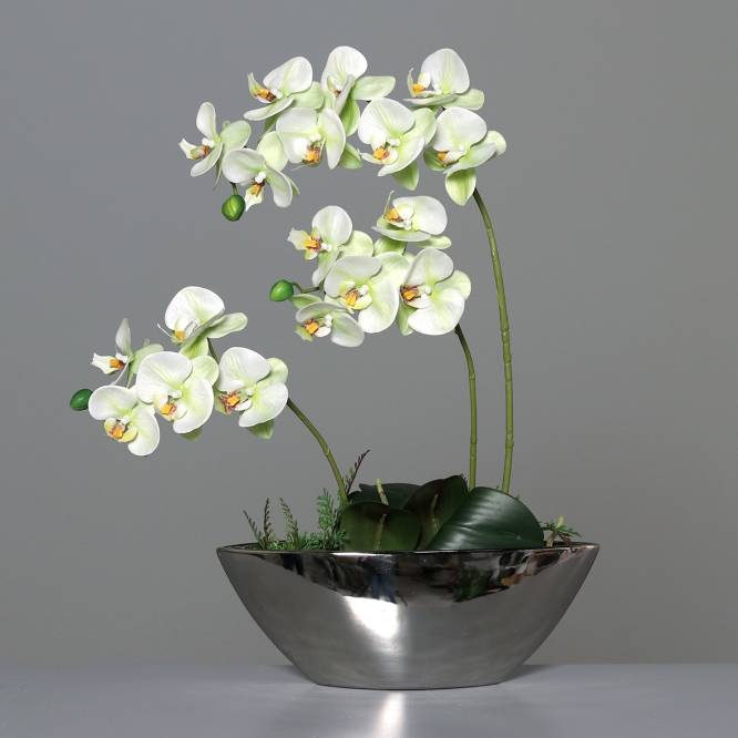 Orhidee artificiala alb-vernil in vas ceramic argintiu, 54 cm
