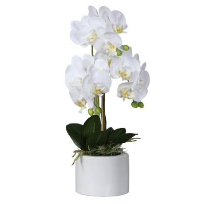 Orhidee artificiala Phalaenopsis alba cu aspect 100% natural in vas ceramic, 55 cm