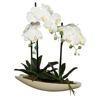 Orhidee artificiala alba cu aspect 100% natural vas barcuta 50 cm