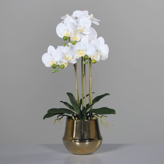 Orhidee artificiala alba in vas ceramic auriu, 64 cm