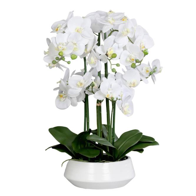 Aranjament cu orhidee artificiala alba in vas ceramic, 70 cm