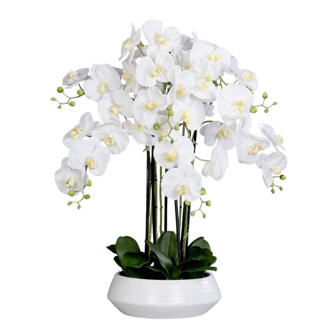 Aranjament cu orhidee artificiala alba in vas ceramic, 90 cm