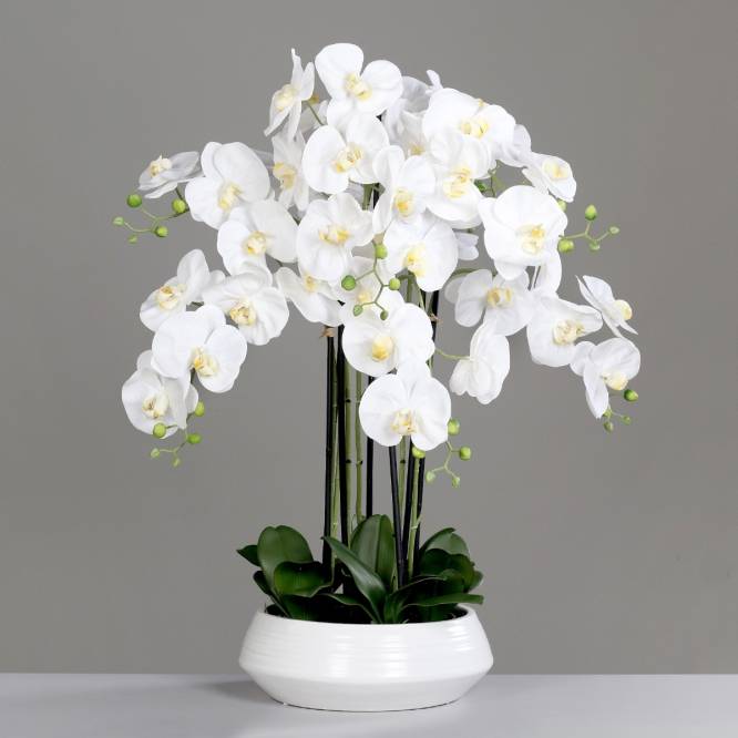 Aranjament cu orhidee artificiala alba in vas ceramic, 90 cm