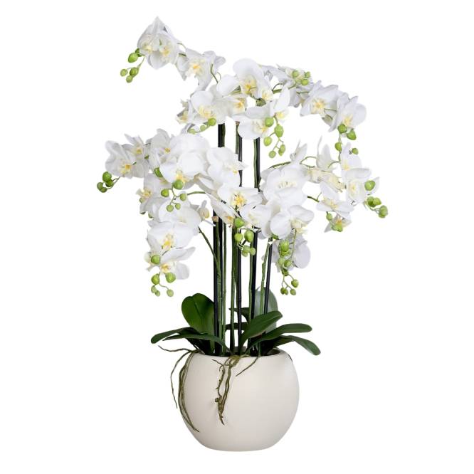 Aranjament cu orhidee artificiala alba in vas de plastic, 85 cm