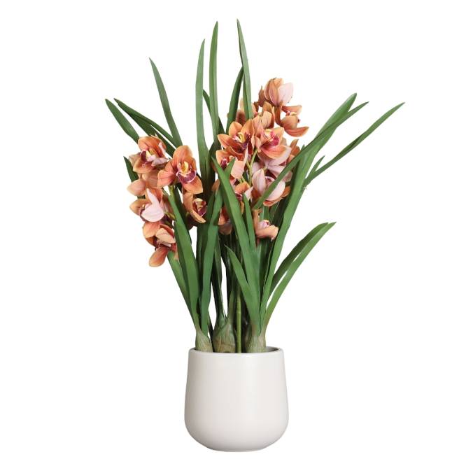 Aranjament cu orhidee artificiala Cymbidium portocalie in vas de plastic, 100 cm