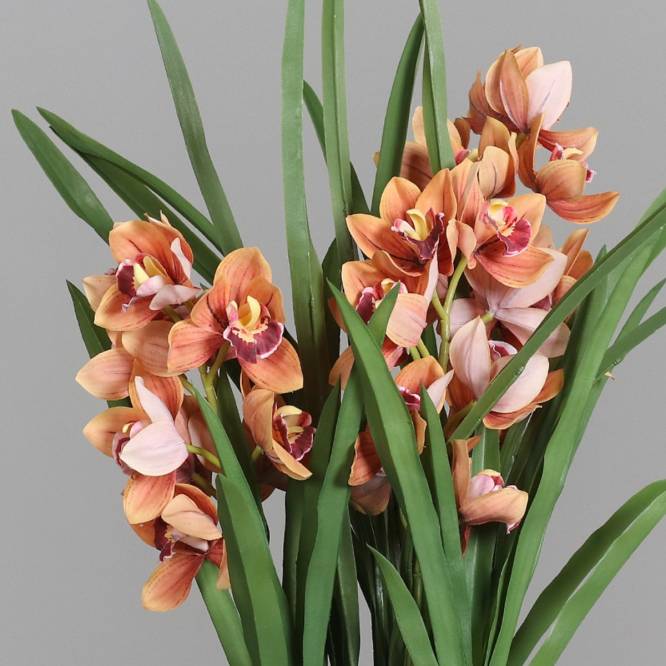 Aranjament cu orhidee artificiala Cymbidium portocalie in vas de plastic, 100 cm