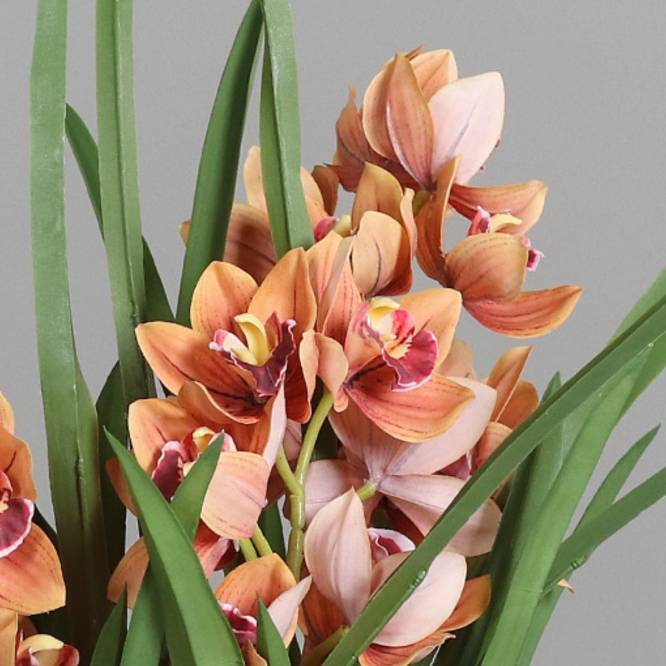 Aranjament cu orhidee artificiala Cymbidium portocalie in vas de plastic, 100 cm