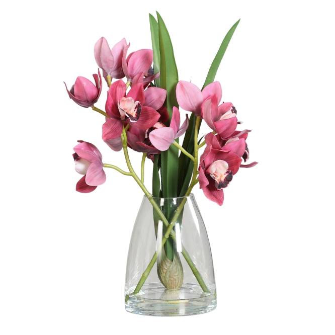 Aranjament premium cu orhidee artificiala Cymbidium roz inchis in vas de sticla, 48 cm