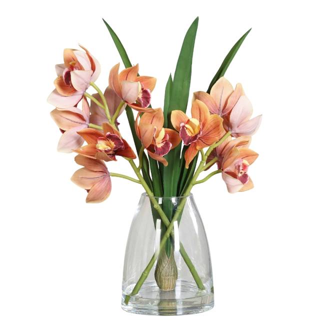 Aranjament premium cu orhidee artificiala Cymbidium portocaliu in vas de sticla, 48 cm
