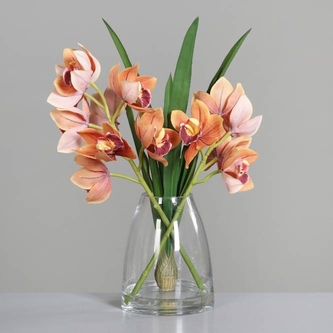 Aranjament premium cu orhidee artificiala Cymbidium portocaliu in vas de sticla, 48 cm