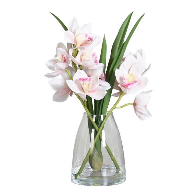 Aranjament premium cu orhidee artificiala Cymbidium roz pal in vas de sticla, 48 cm