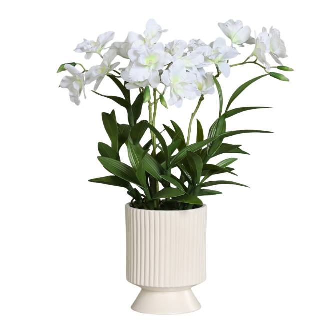 Aranjament cu orhidee artificiala Dendrobium alba in vas ceramic, 47 cm