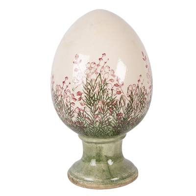 Decoratiune Pasti, ou ceramic crem cu flori pe suport, 28 cm