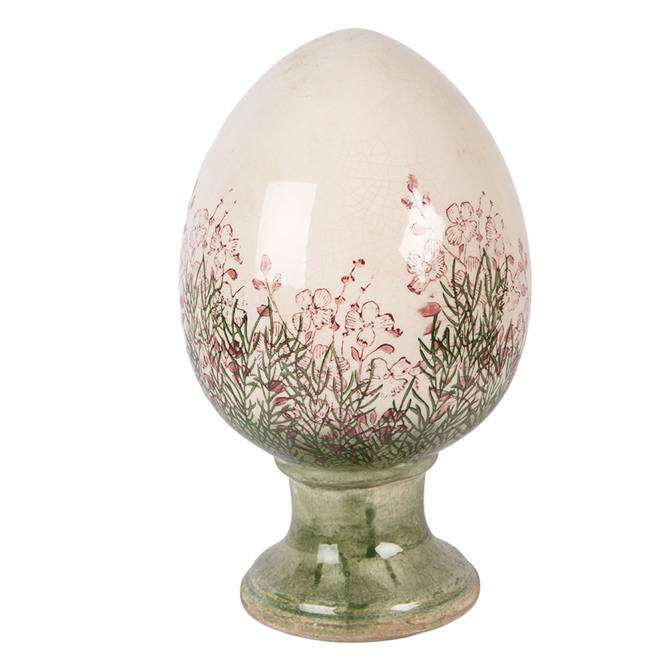 Decoratiune Pasti, ou ceramic crem cu flori pe suport, 28 cm