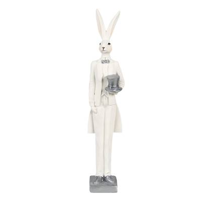 Decoratiune Pasti iepuras in costum elegant alb cu argintiu, 31 cm