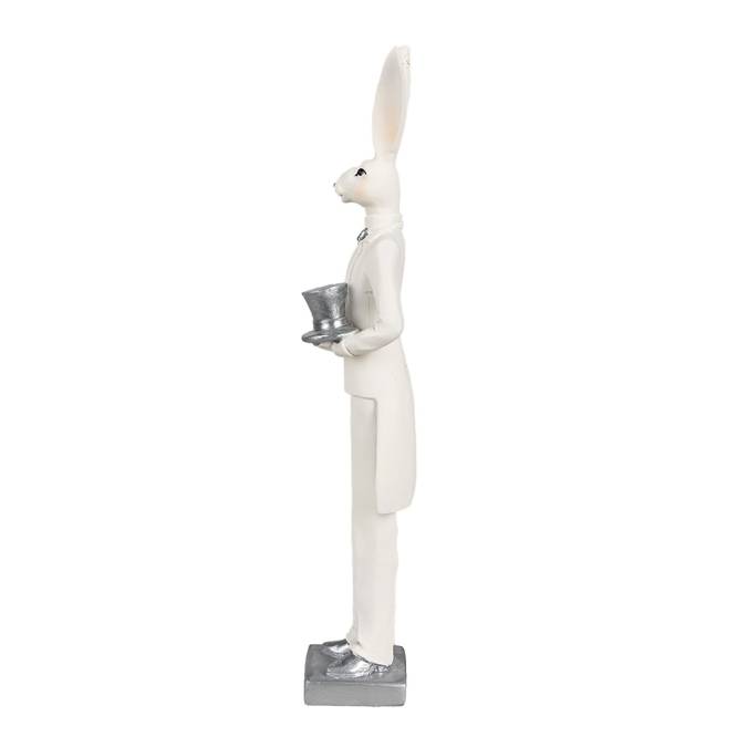 Decoratiune Pasti iepuras in costum elegant alb cu argintiu, 31 cm