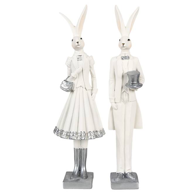Decoratiune Pasti iepuras in costum elegant alb cu argintiu, 31 cm