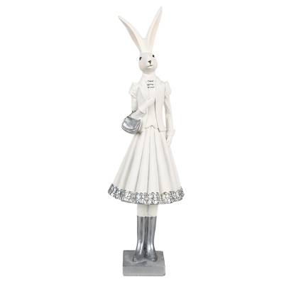 Decoratiune Pasti iepuras doamna in costum elegant alb cu argintiu, 31 cm