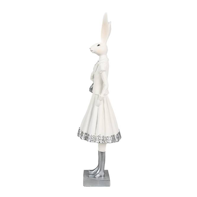 Decoratiune Pasti iepuras doamna in costum elegant alb cu argintiu, 31 cm
