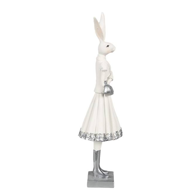Decoratiune Pasti iepuras doamna in costum elegant alb cu argintiu, 31 cm