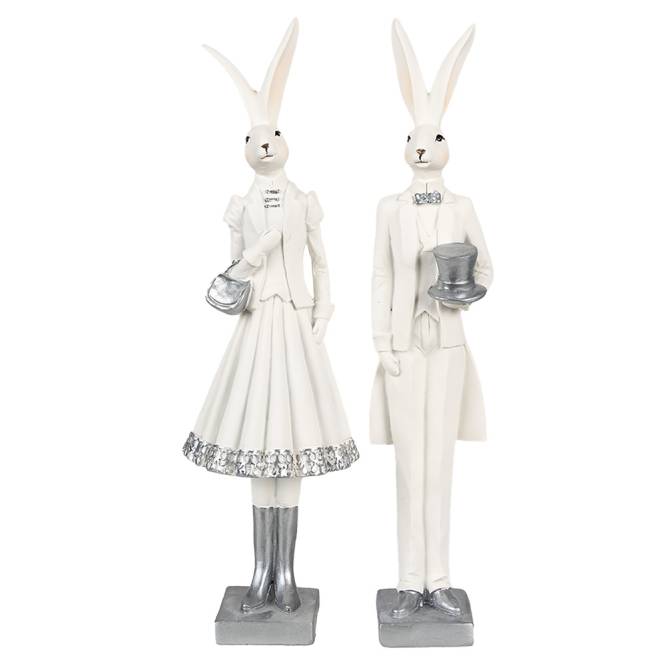 Decoratiune Pasti iepuras doamna in costum elegant alb cu argintiu, 31 cm