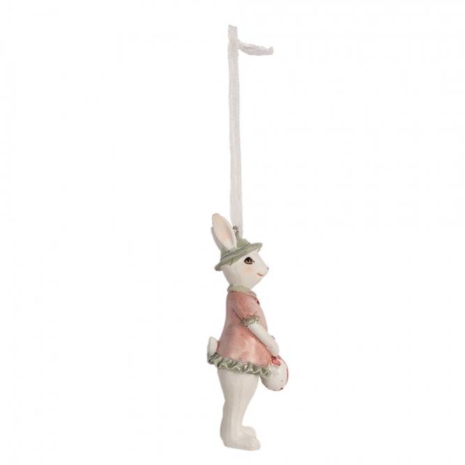 Figurina Pasti de agatat, iepuroaica alba cu rochita roz si palarie 10 cm