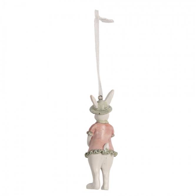 Figurina Pasti de agatat, iepuroaica alba cu rochita roz si palarie 10 cm