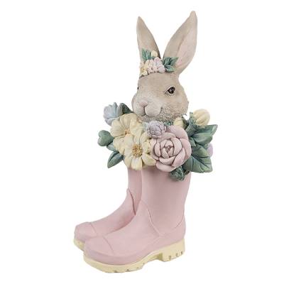Decoratiune Pasti iepuras cu flori in cizmulite roz, 23 cm
