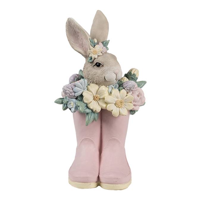 Decoratiune Pasti iepuras cu flori in cizmulite roz, 23 cm