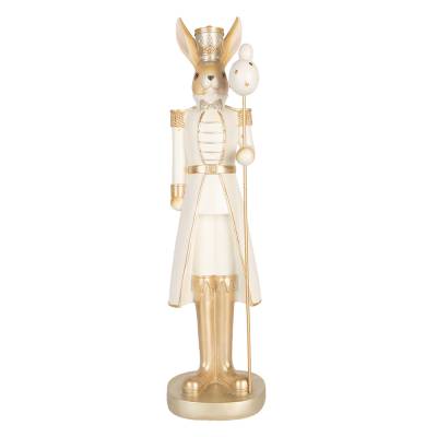 Decoratiune Pasti iepuras in costum crem auriu de ofiter cu sceptru, 47 cm