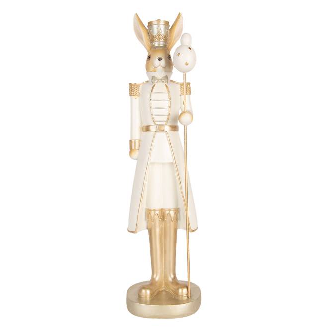 Decoratiune Pasti iepuras in costum crem auriu de ofiter cu sceptru, 47 cm